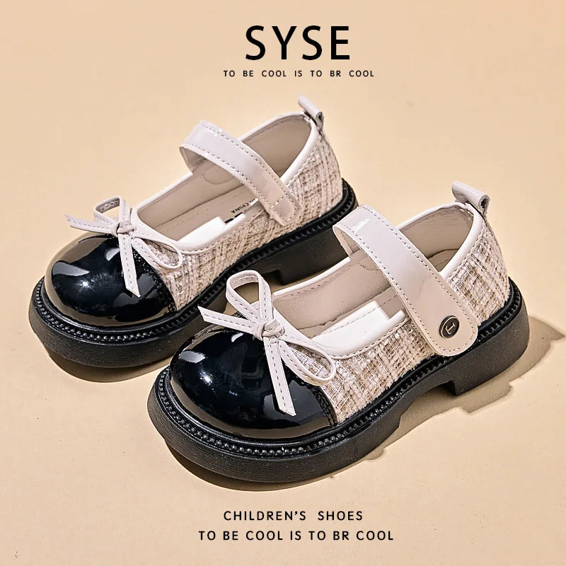 Spring Autumn Children's Leather Shoes with Bowknot Versatil