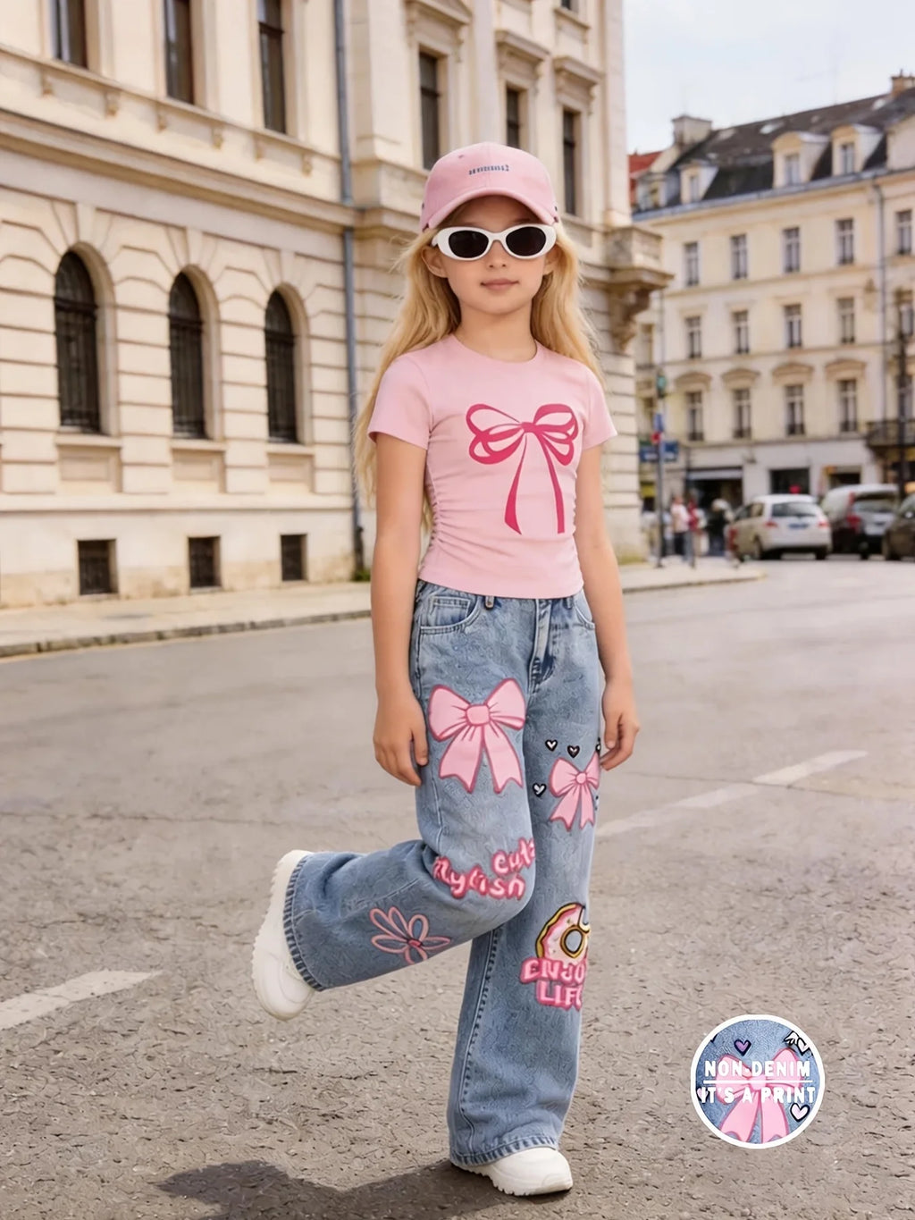 Girls' Y2K Style 2-Piece Set: Pink Bow-Print Slim-Fit Croppe