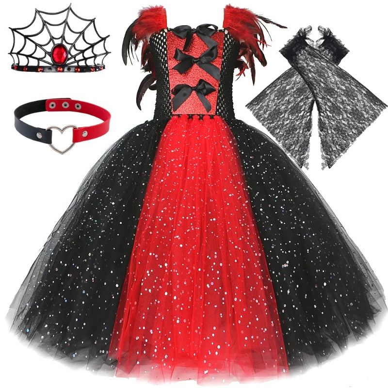 Kids' Long Sequin Tulle Dress Set in Red and Black,Queen Dre
