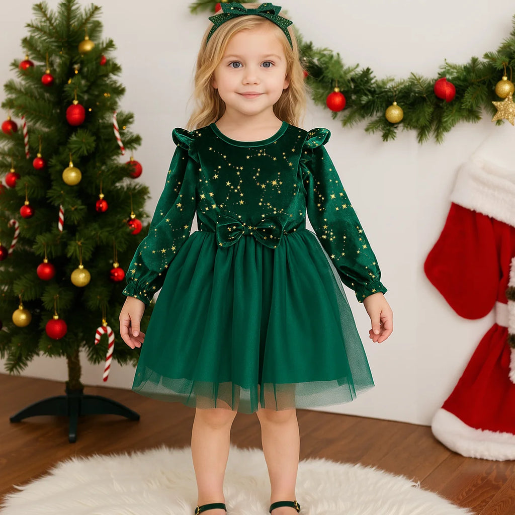 Girl Dress Autumn Winter Velvet Long Sleeved Mesh Bow Prince