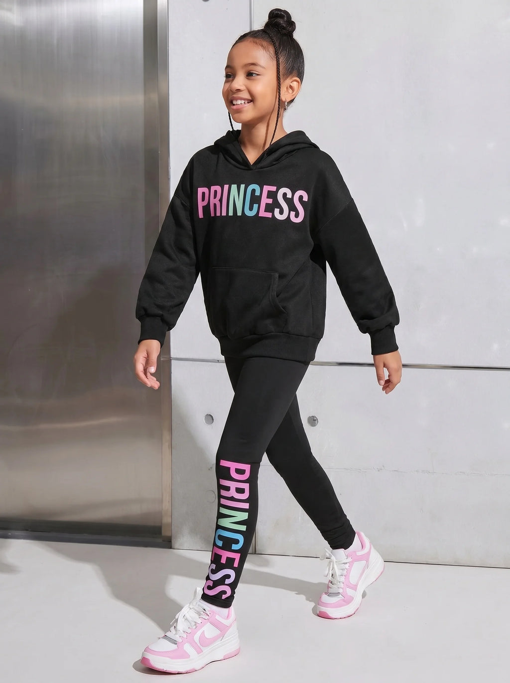 Girls Letter Print Long Sleeve Hoodie with Skinny Pants Set