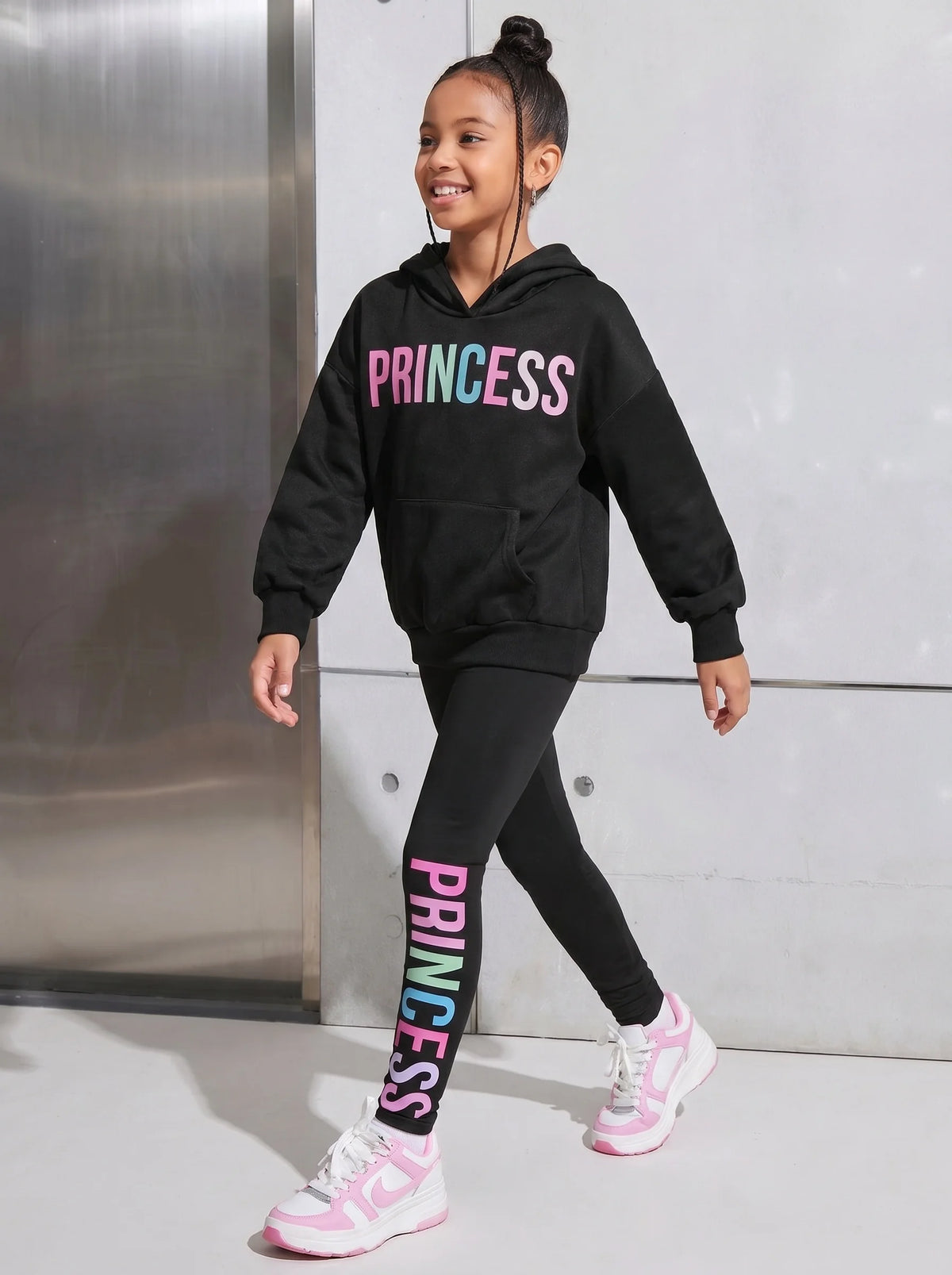 Girls Letter Print Long Sleeve Hoodie with Skinny Pants Set