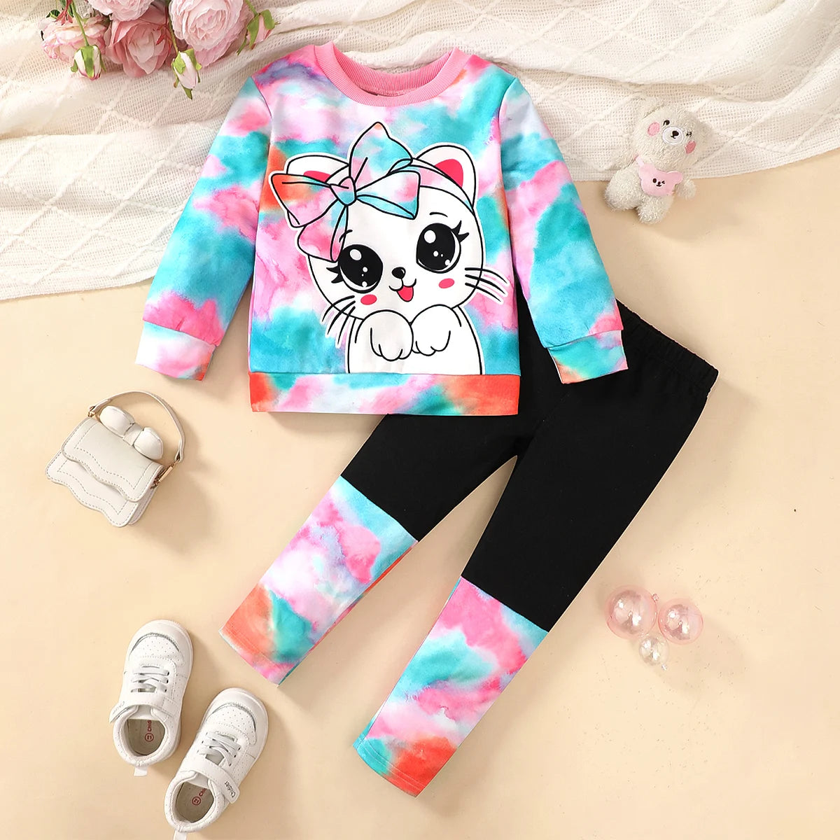 4-7 Year Girls' Set Round Neck Cartoon Cute Kitten tie-dye L