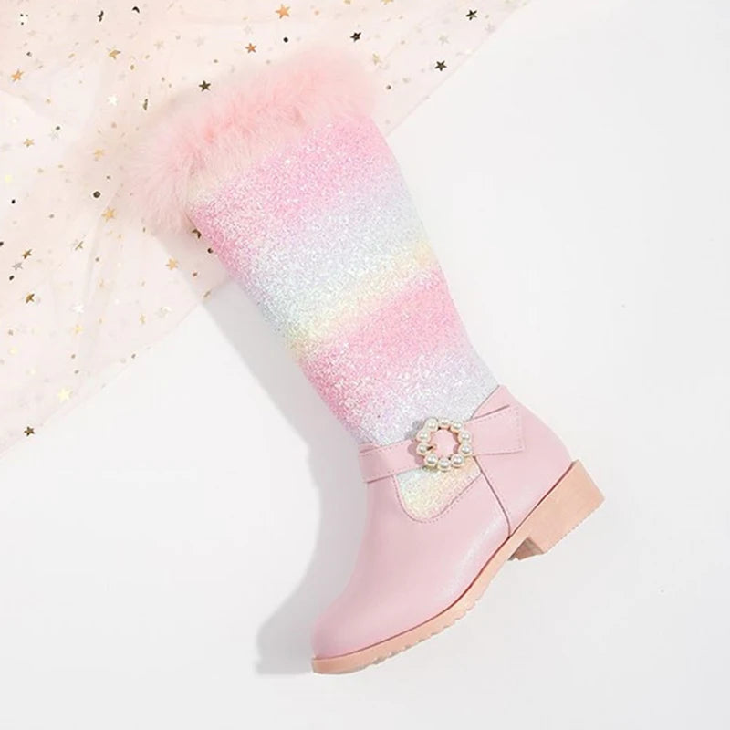 2023 Autumn Winter Girls Rainbow Princess Children Pink Boot
