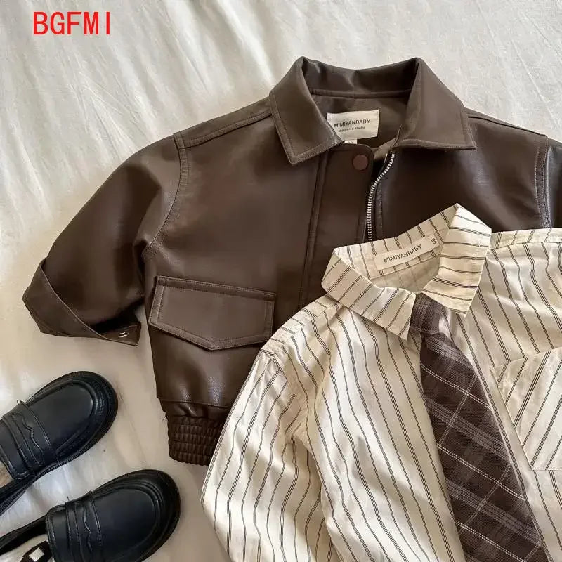 2-10Y Baby Boys Girls Zipper Jackets Brown PU Leather Lapel
