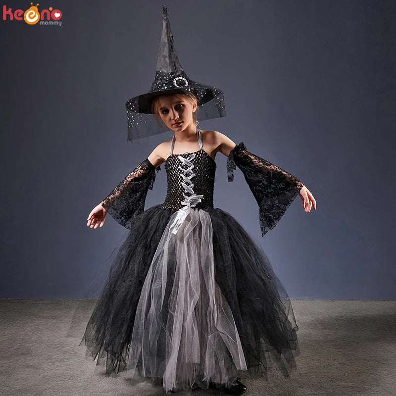 Girls Gothic Halloween Ghost Witch Costume Flare Sleeve Kids