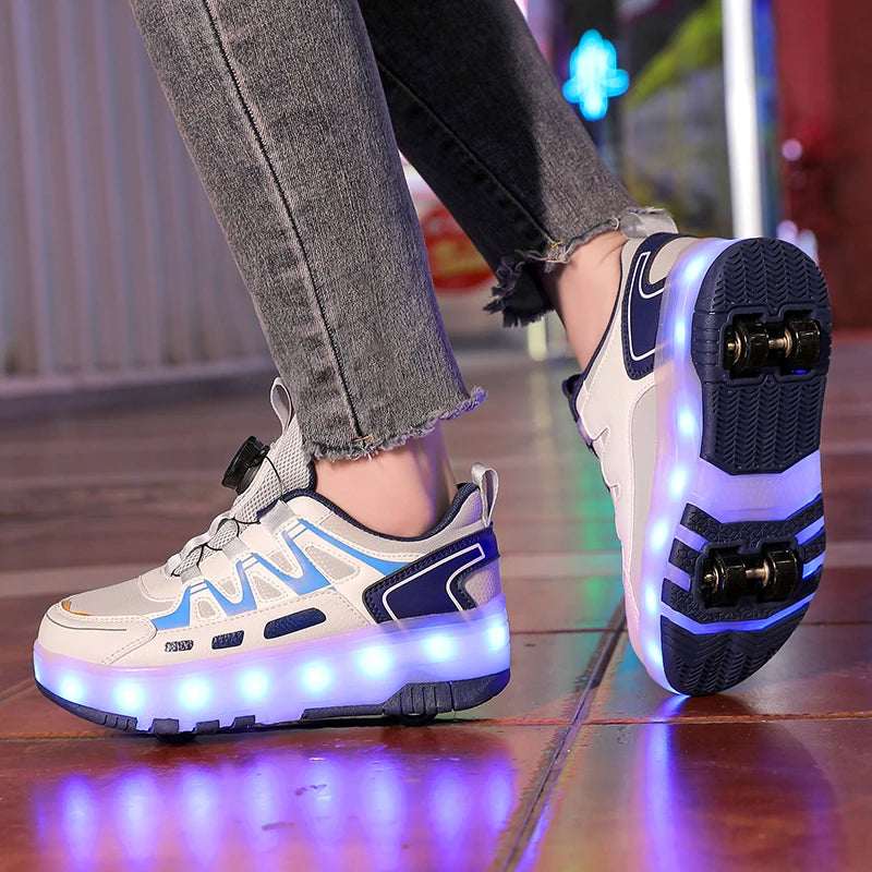Children Four Wheels Luminous Glowing Sneakers Black Pink Le