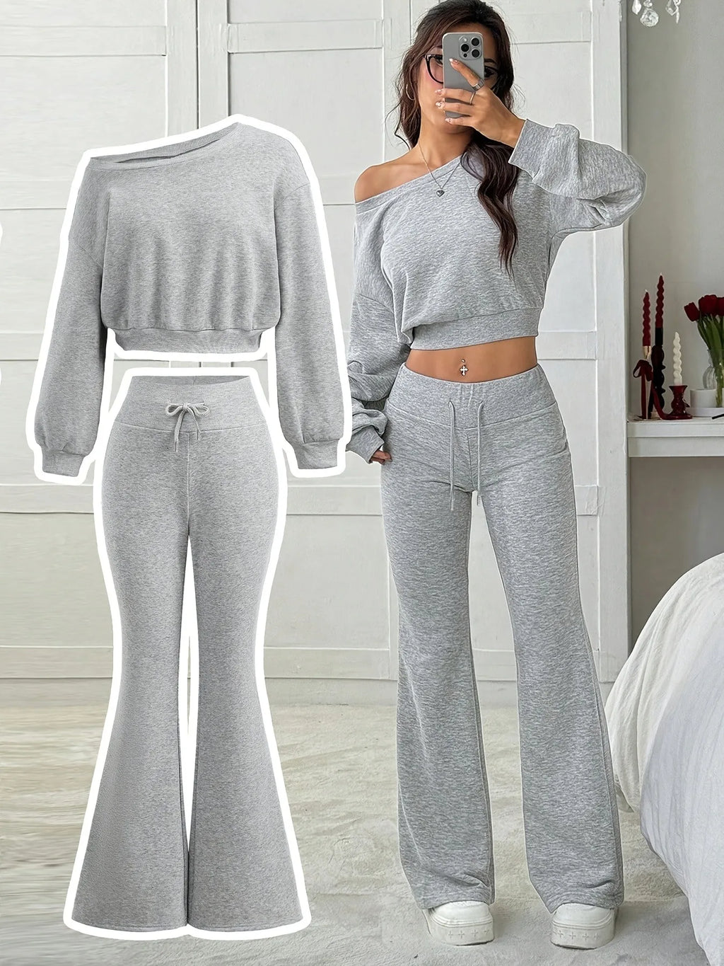 Two-piece set for girls: off-shoulder sweater paired with gr