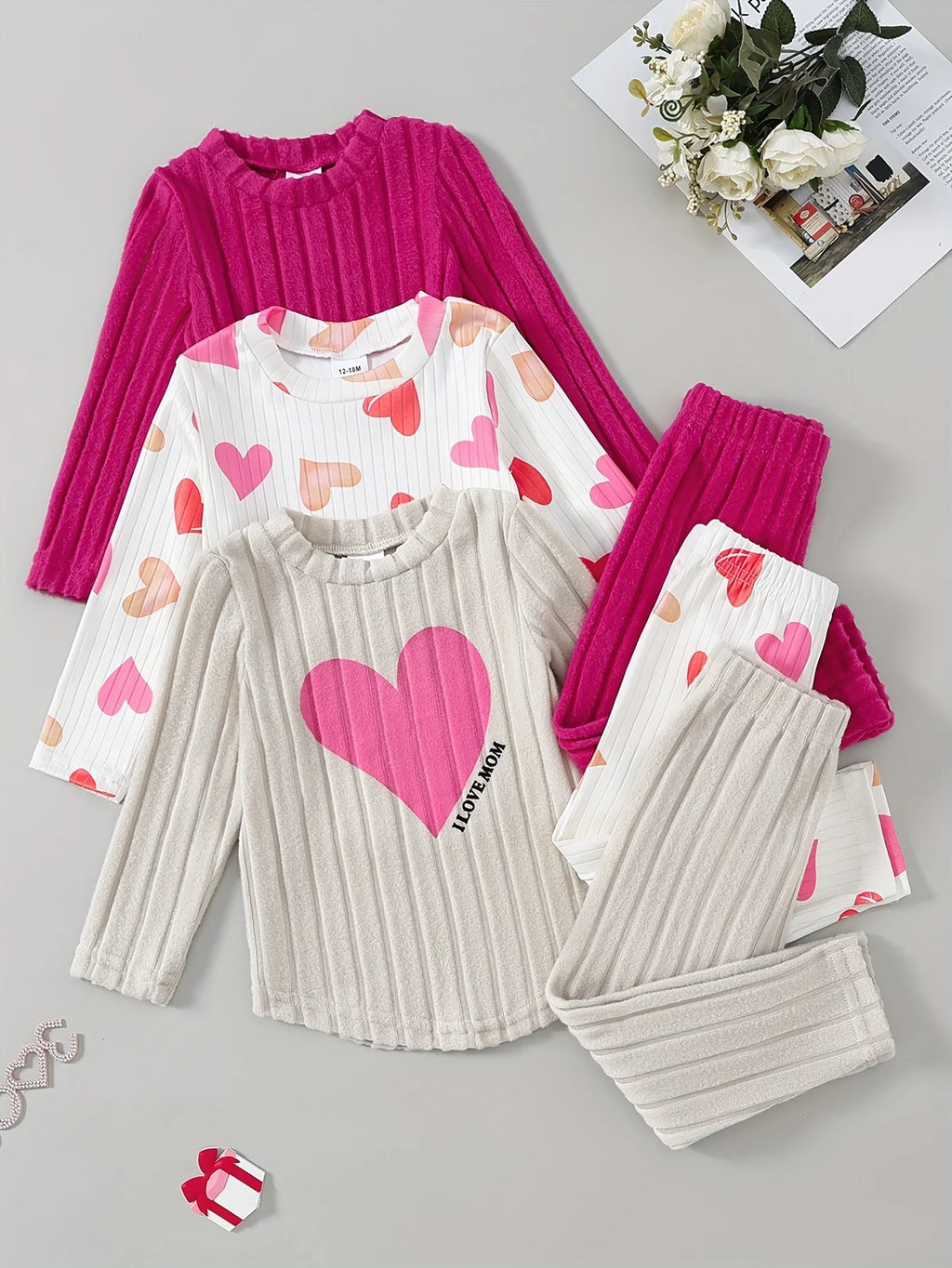 Baby Girl Autumn Winter 3PCS Set Cute Heart Print Ribbed Fab
