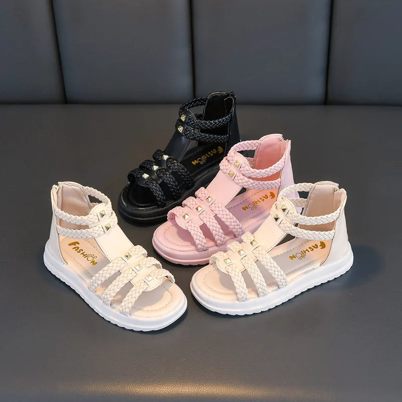 Girls Roman Sandals Open Toe Braided Solid Color High-top Si