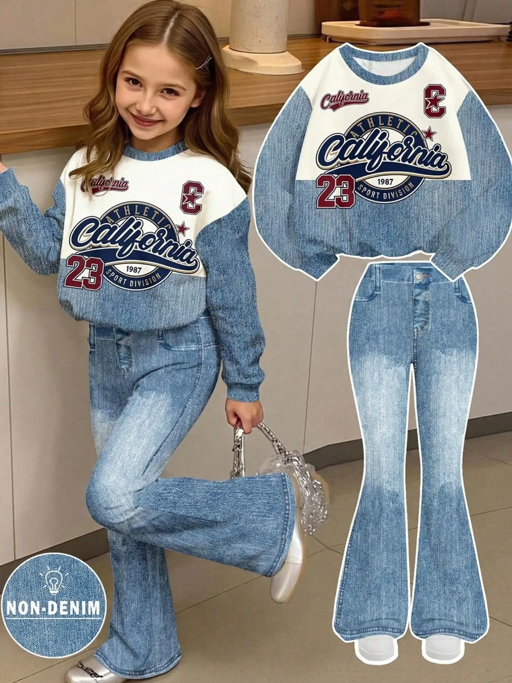 Girls' Autumn Casual Outfit: Faux Denim Patchwork Printed Sw