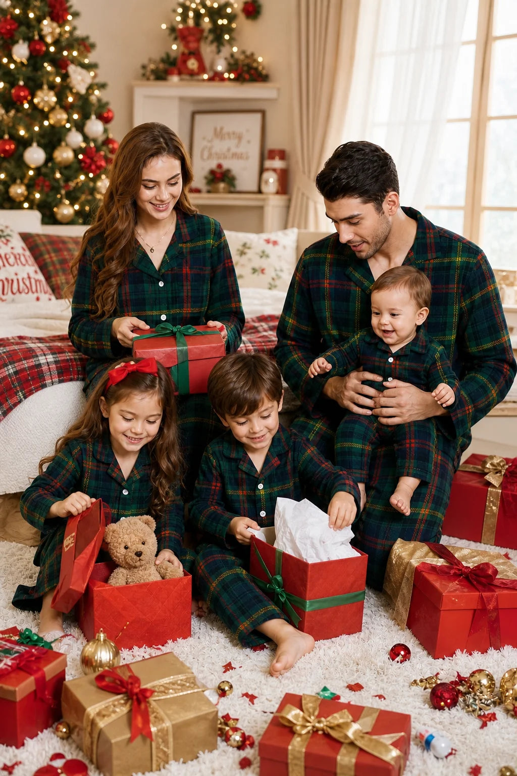 Xmas Party Look Wear Family Matching Cotton Pajamas Set Gree