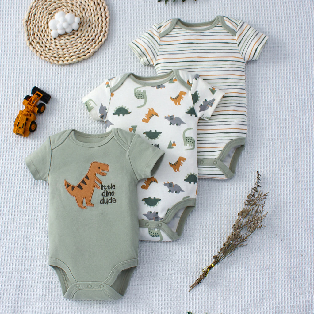 Dino Stripe Three-Piece Baby Romper Set