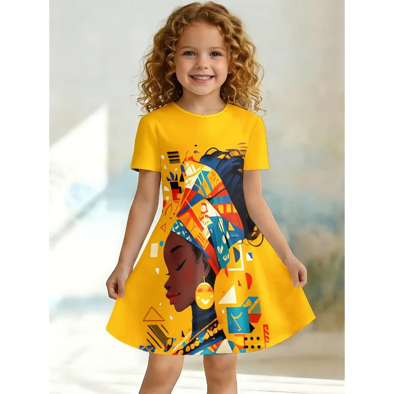 Girl's African Art Printed T-shirt Dress, Yellow Ethnic Styl