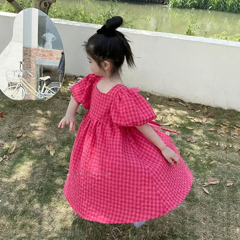 Rose Pink Plaid Bow Party Dress