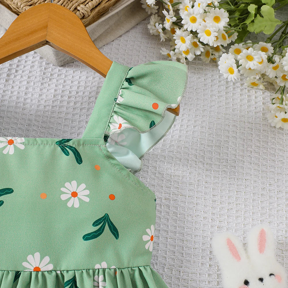 Girls' Summer Plant Print Dress with Flutter Sleeves