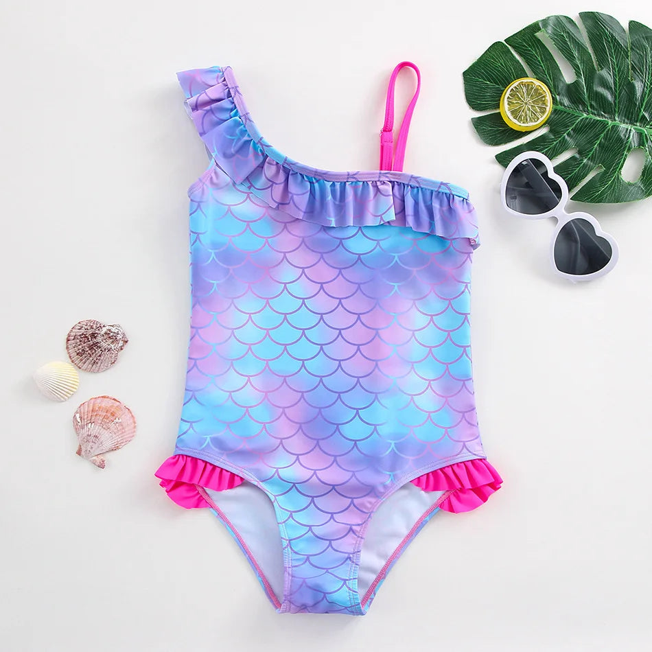 Girls Swimsuit One-Piece Mermaid Fish Scale Unicorn Children