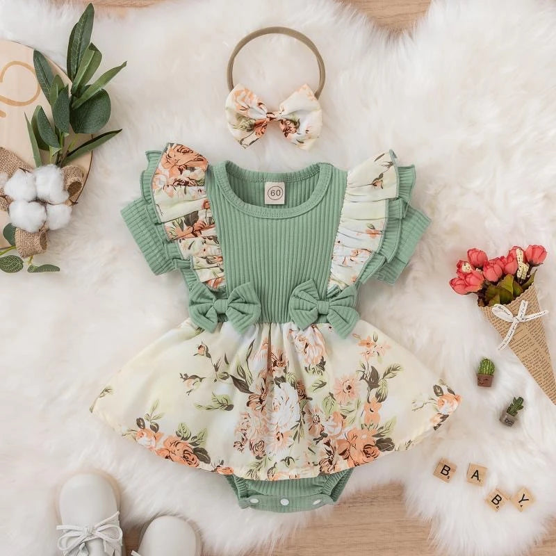 Summer Baby Girl Dress With Bowknot Striped Jumpsuit Cotton