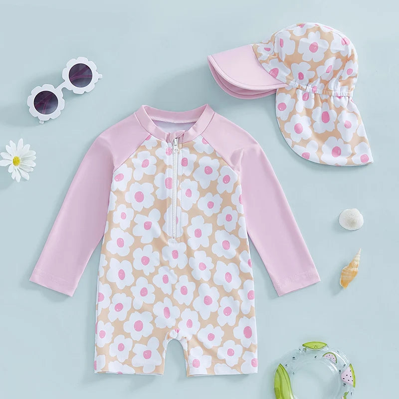 Tregren Toddler Girl Long Sleeve Swimsuit Floral/Flamingo Pr