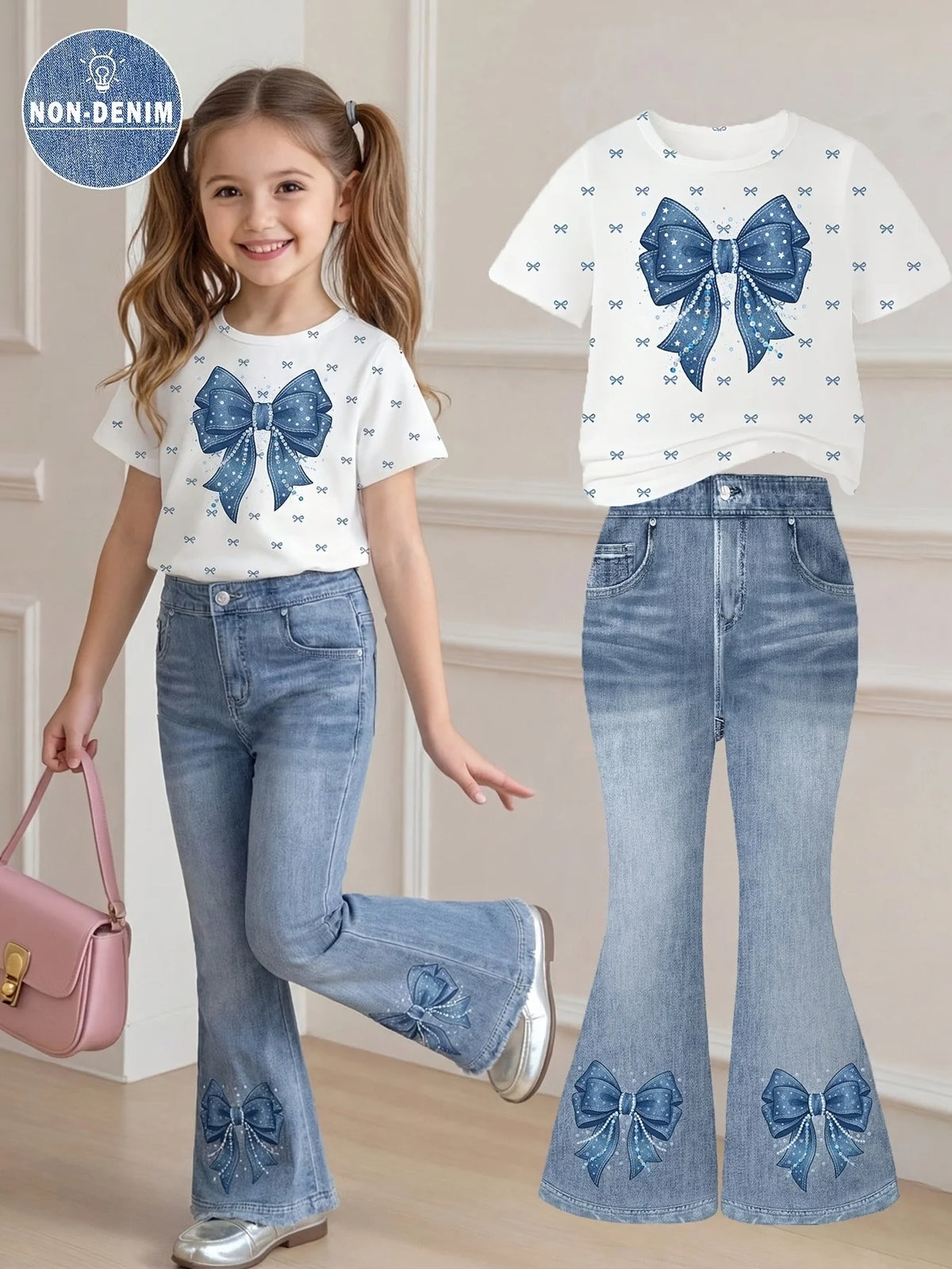 2-Piece Set for Girls: Faux-Denim Print Bow-Accented Short-S