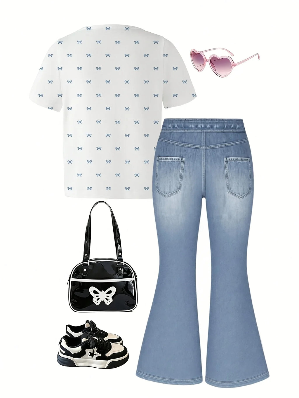 2-Piece Set for Girls: Faux-Denim Print Bow-Accented Short-S
