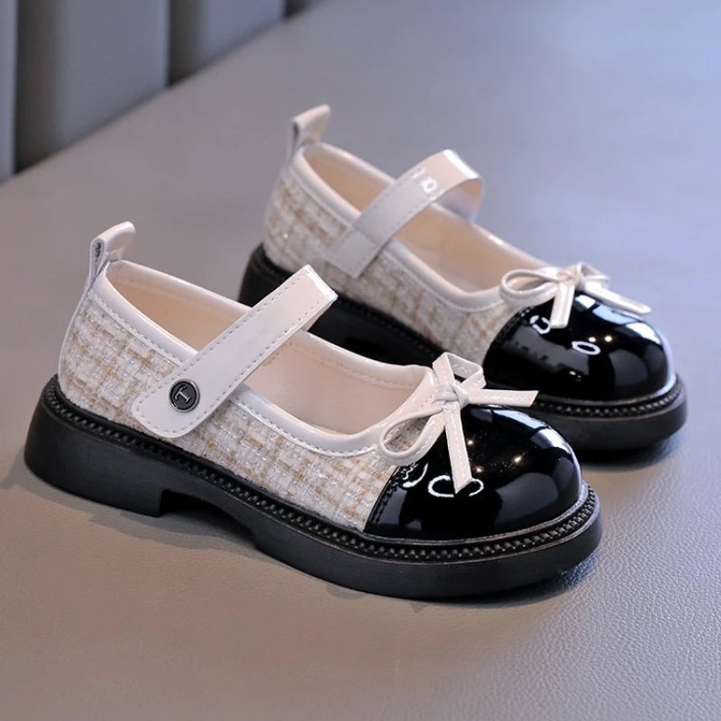 Spring Autumn Children's Leather Shoes with Bowknot Versatil