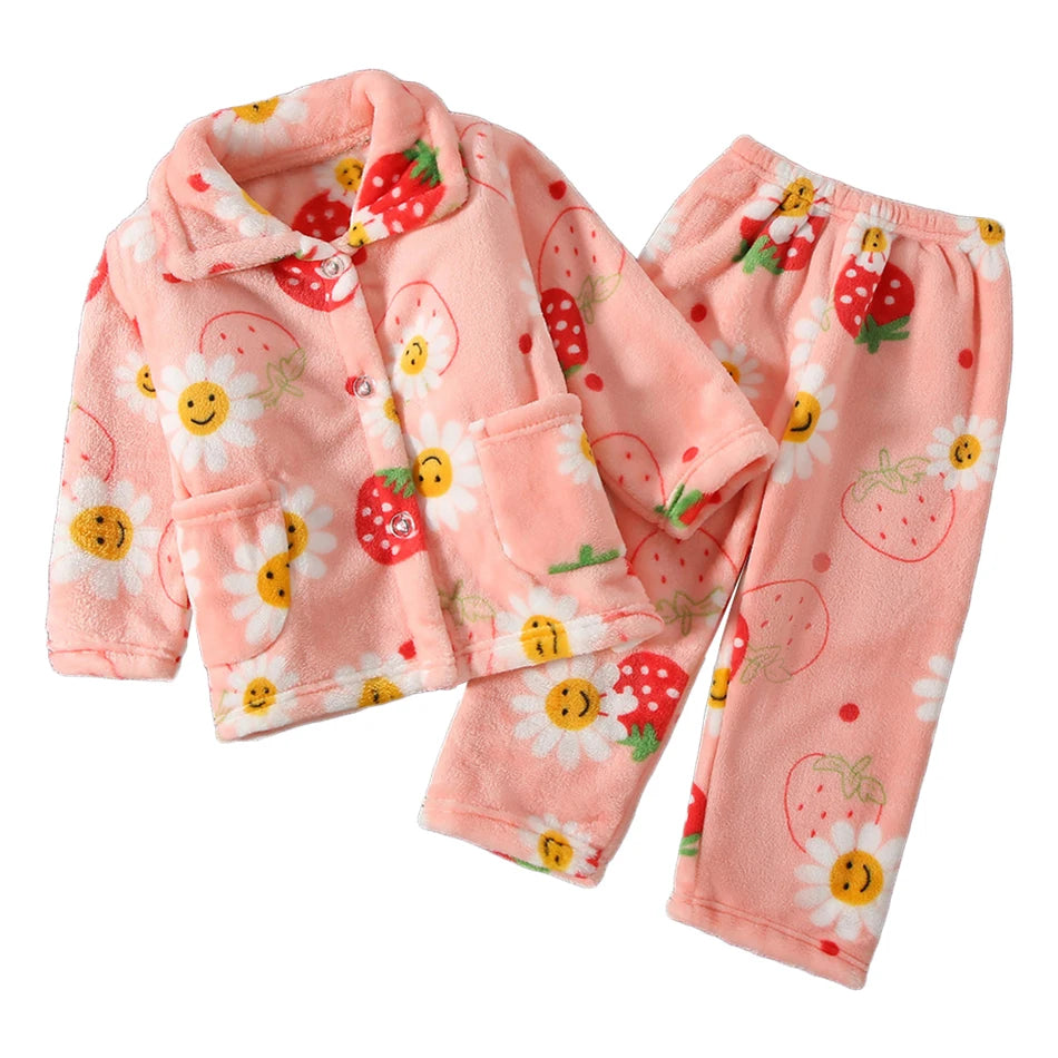Cute Cartoon Pattern Coral Fleece Flannel Pajama Sets for Bo
