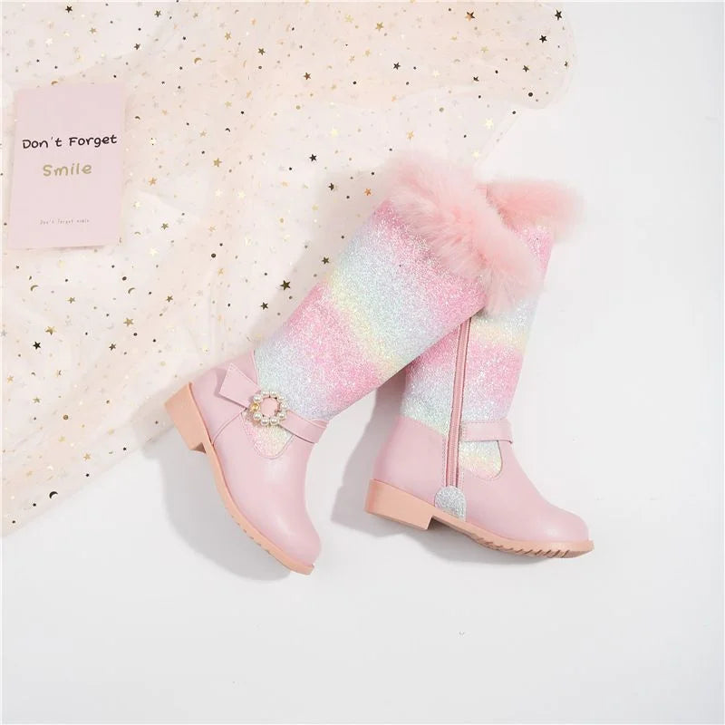 2023 Autumn Winter Girls Rainbow Princess Children Pink Boot