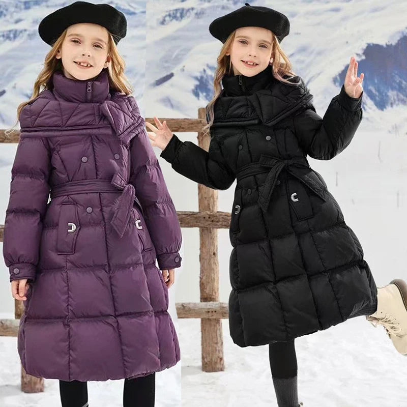 -30℃ Long Style Girls Jacket Winter Solid Color Thick Warm H