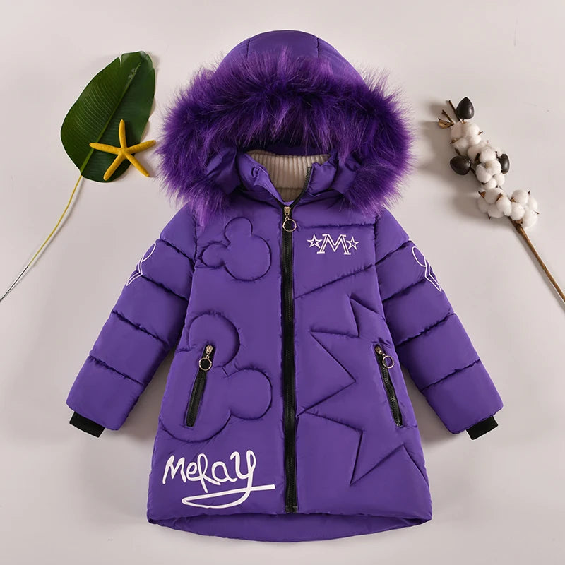 5-14 Years Old Winter Boys Girls Jacket Long Style Hooded Fu