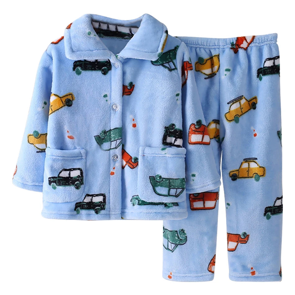 Cute Cartoon Pattern Coral Fleece Flannel Pajama Sets for Bo
