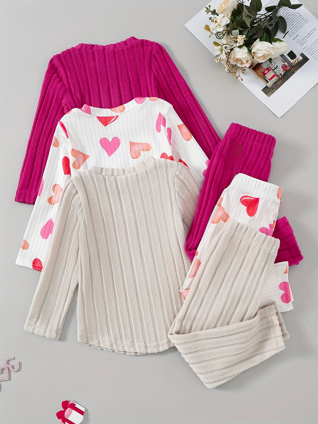 Baby Girl Autumn Winter 3PCS Set Cute Heart Print Ribbed Fab
