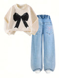 【Only Top + Pants】 Girl's Fashionable Bow-Patterned Hoodie +