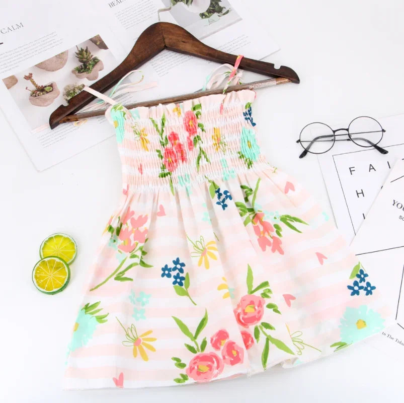 Summer Girls Princess Beach Dress Strapless Floral Print Sle