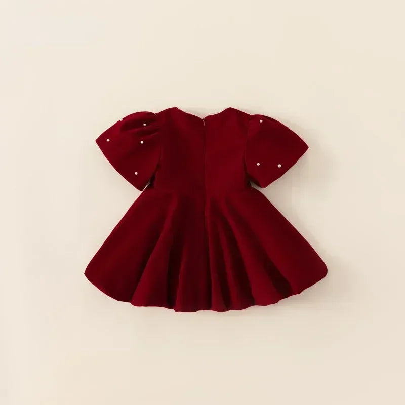 Autumn Winter Kids Girl Dress Beading Round Collar Puff Shor