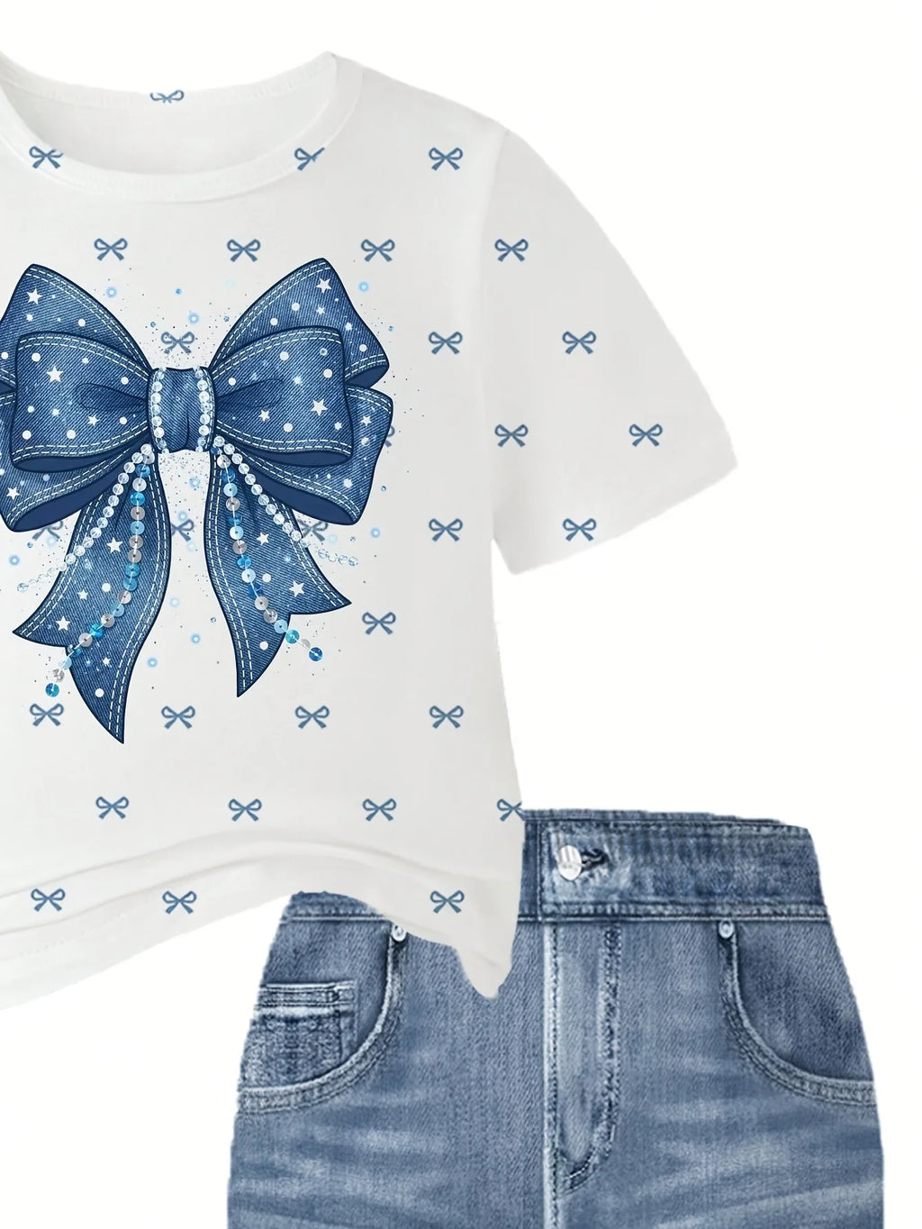 2-Piece Set for Girls: Faux-Denim Print Bow-Accented Short-S