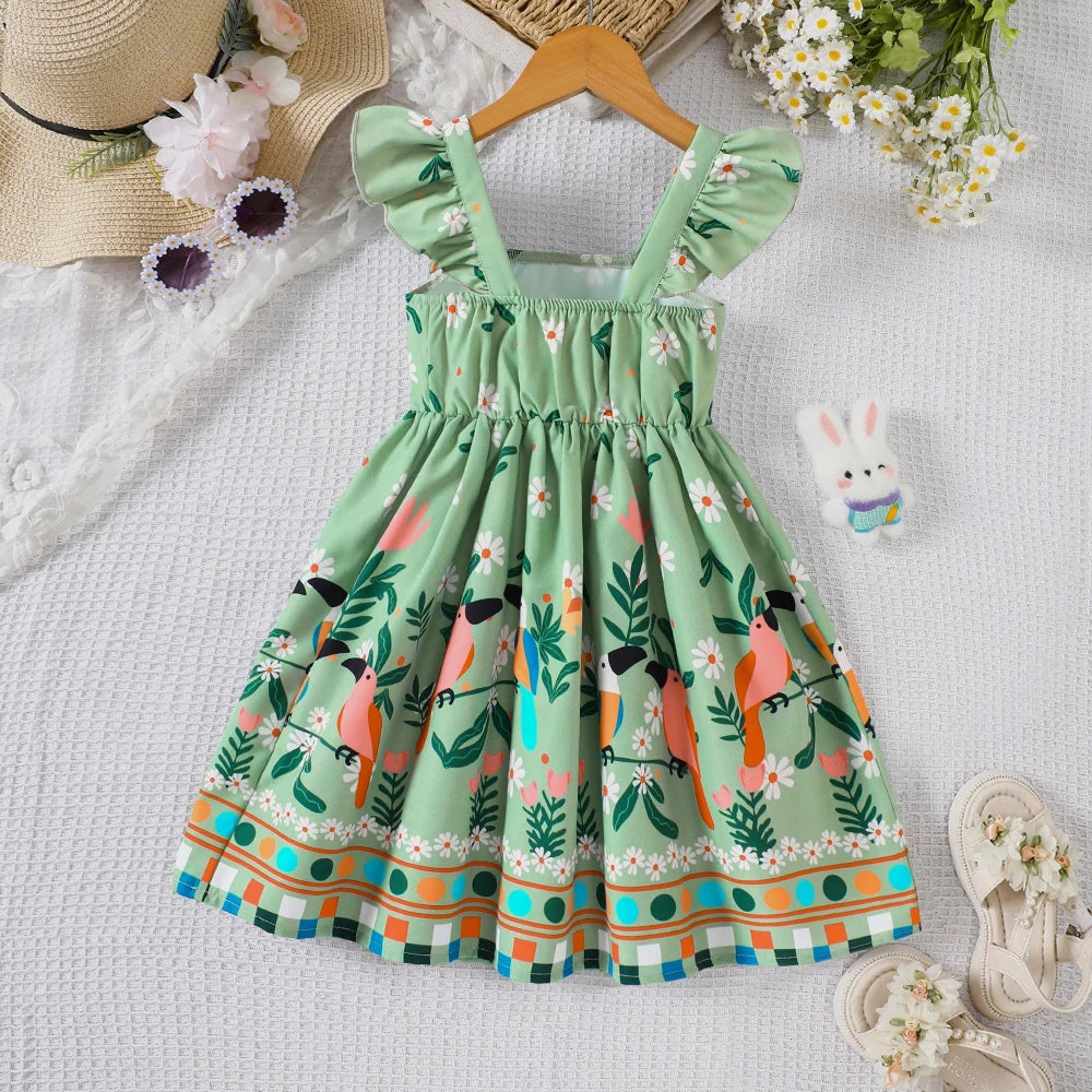 Girls' Summer Plant Print Dress with Flutter Sleeves