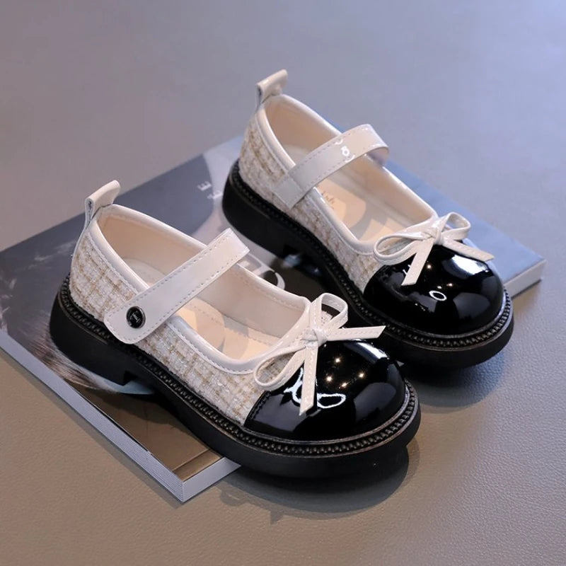 Spring Autumn Children's Leather Shoes with Bowknot Versatil