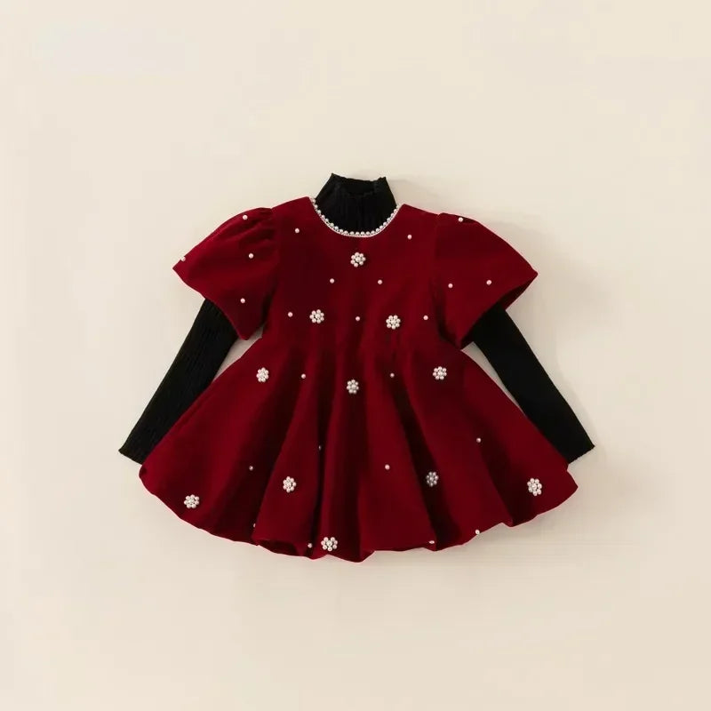 Autumn Winter Kids Girl Dress Beading Round Collar Puff Shor