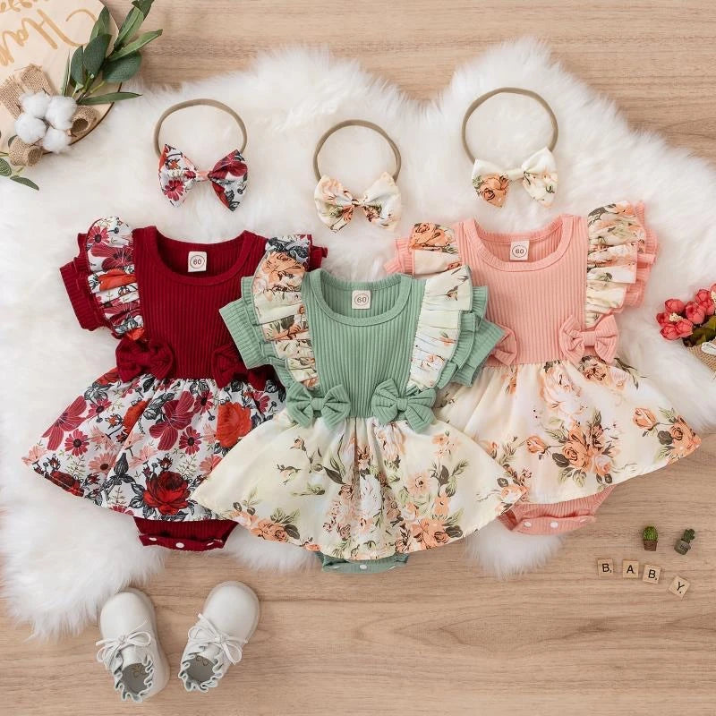 Summer Baby Girl Dress With Bowknot Striped Jumpsuit Cotton