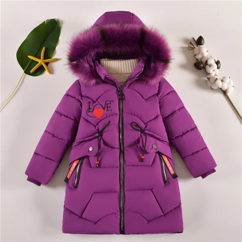 5-14 Years Old Winter Boys Girls Jacket Long Style Hooded Fu