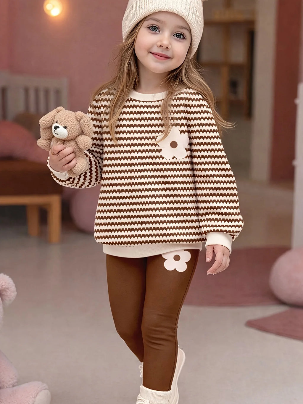 Trendy Girls 2Pcs Co-Ord, Wave Striped 3D Flower Decor Crew