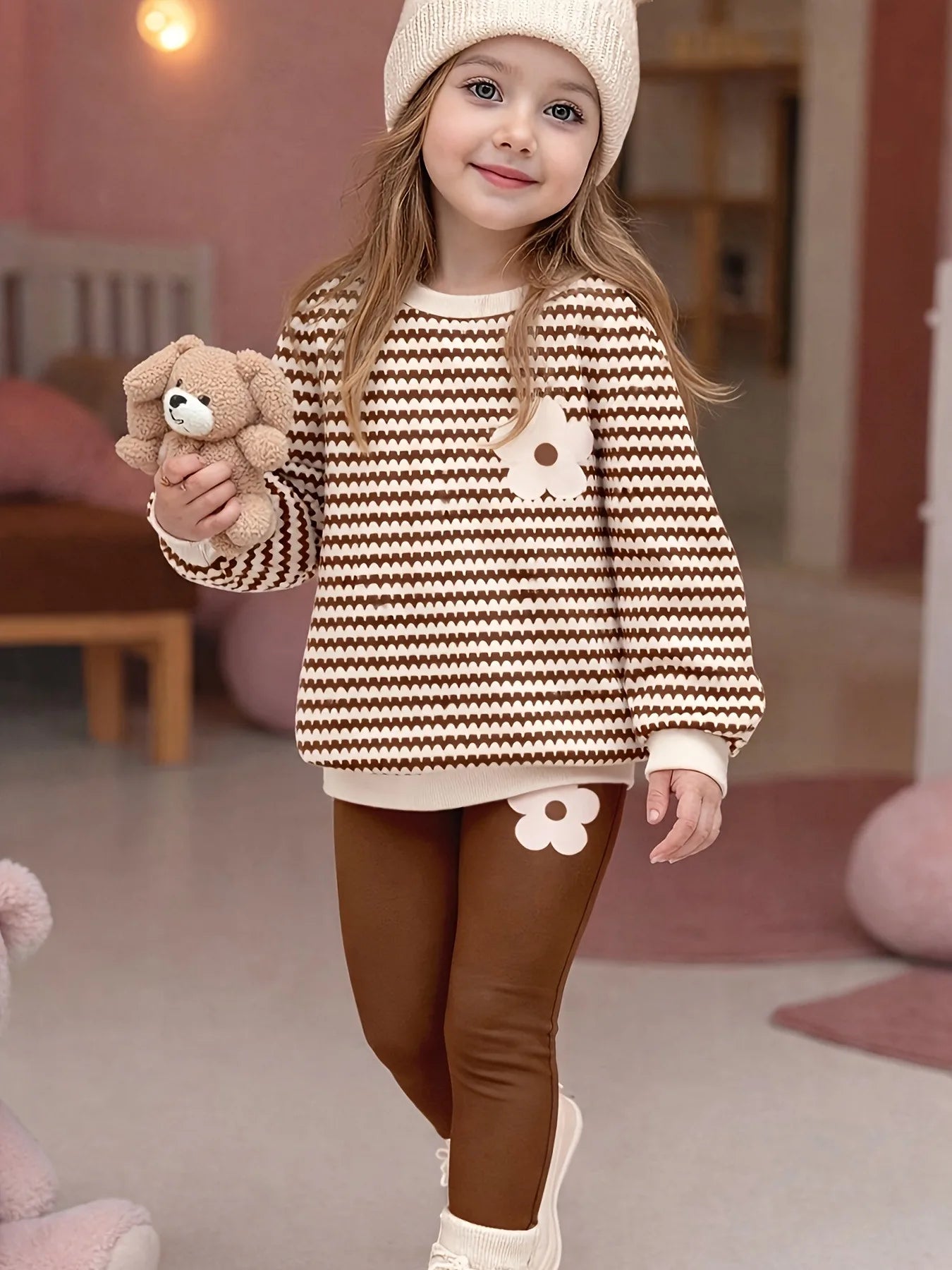 Trendy Girls 2Pcs Co-Ord, Wave Striped 3D Flower Decor Crew