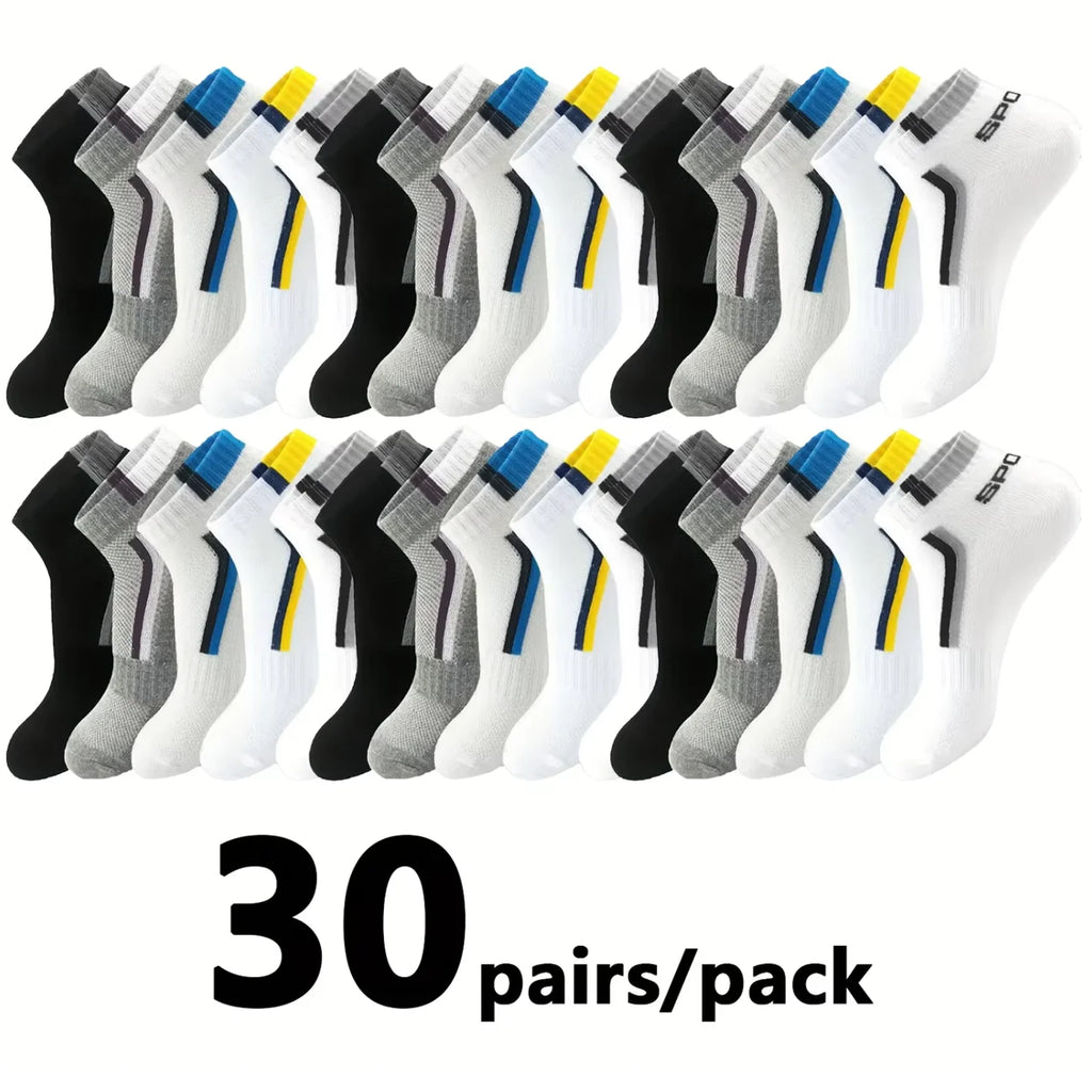 30Pairs Men's Color-block Mesh Breathable Ankle Socks Absorb