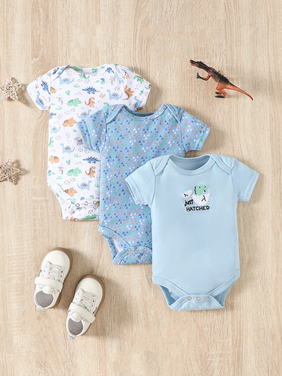 Dino Stripe Three-Piece Baby Romper Set