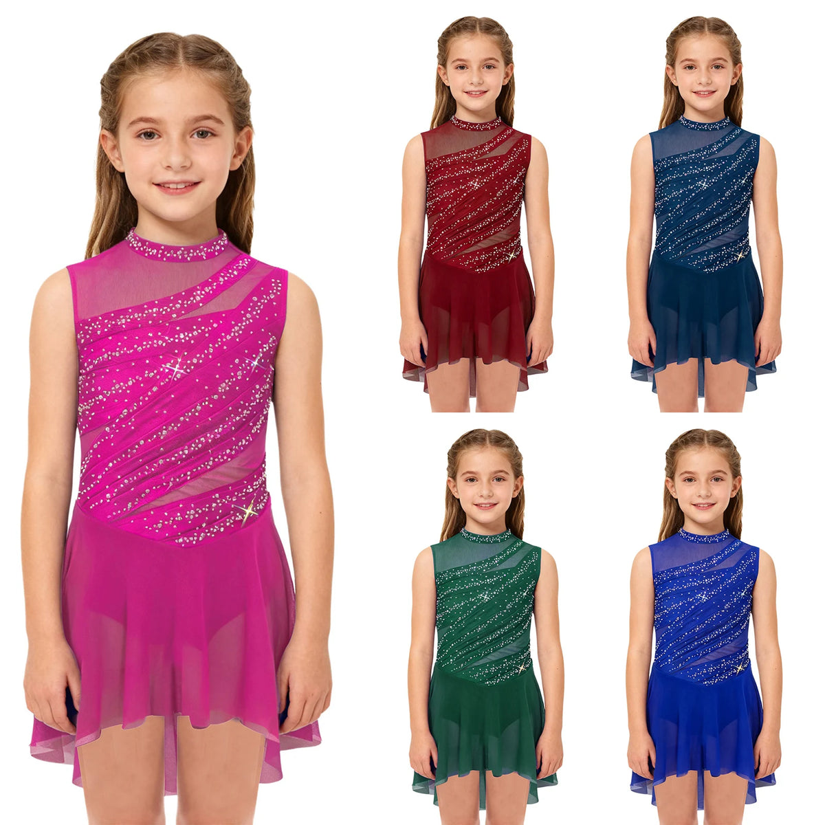 Kids Girls Lyrical Dance Dress Shiny Rhinestone Sleeveless S