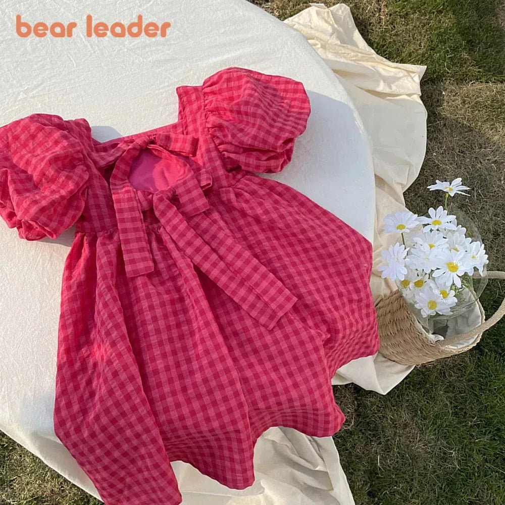 Rose Pink Plaid Bow Party Dress