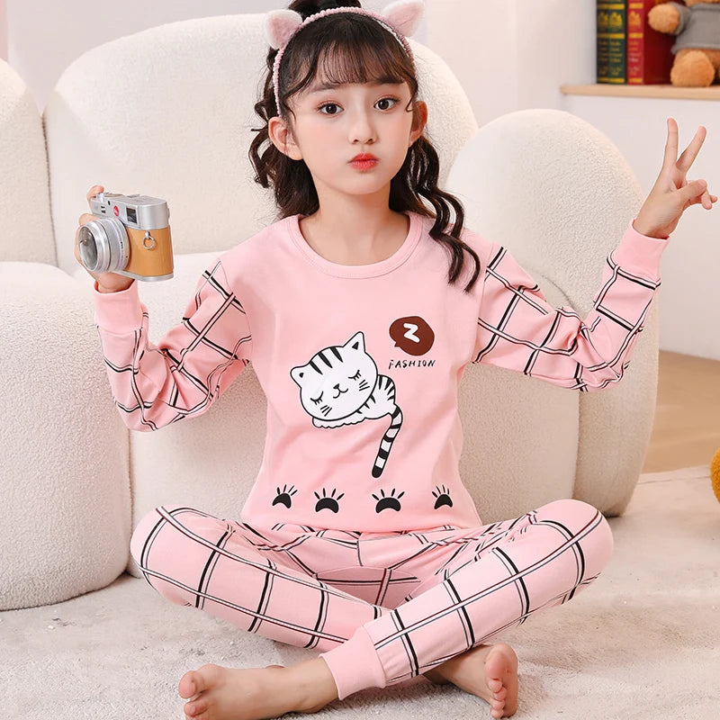 100% Cotton Pajamas Kids Girl Winter Pink Cat Teenager Girls