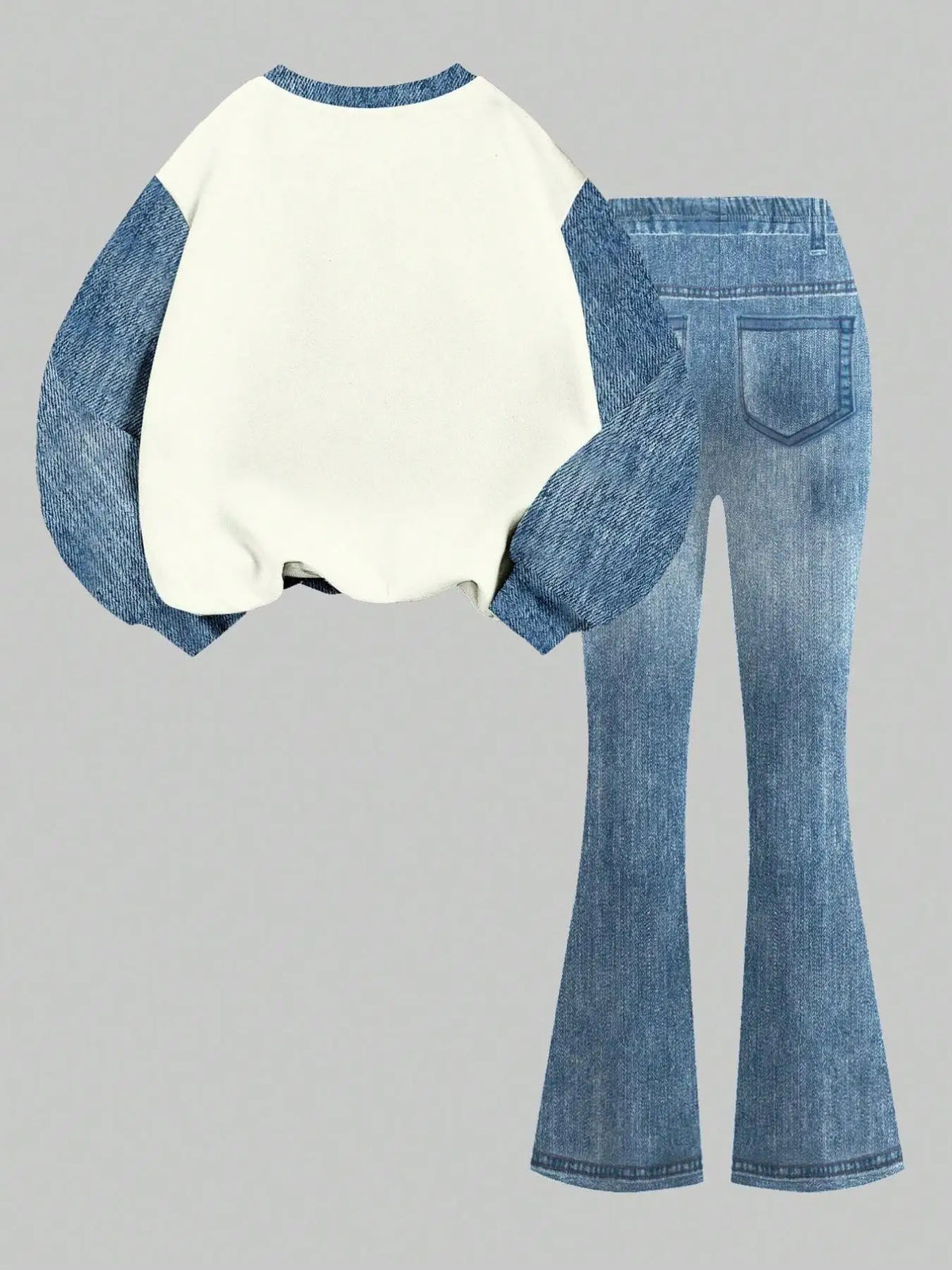 Girls' Autumn Casual Outfit: Faux Denim Patchwork Printed Sw