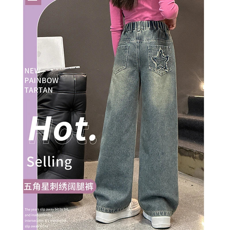 5-14 Years Spring Autumn Girls Jeans Retro And Vintage Five-